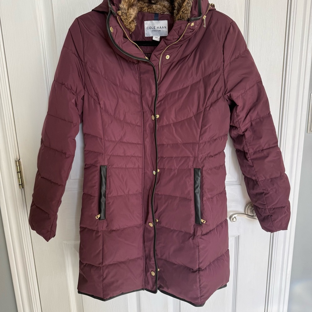 Cole Haan Quilted Down & Feather Fill Jacket with Faux Fur Trim Size Small Petit